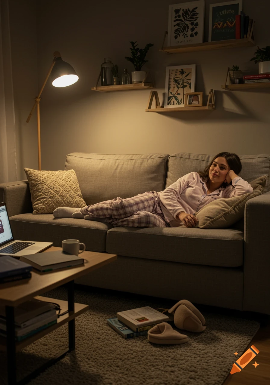 A young woman in pajamas lies comfortably on a sofa in a dimly lit living room, looking towards the camera. A lamp provides light, and a laptop and mug are on a coffee table.