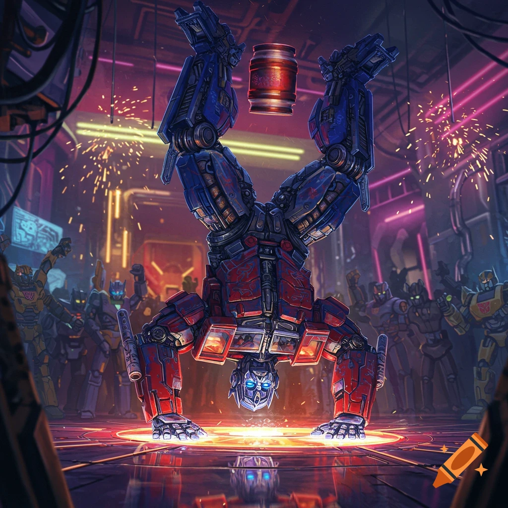 Optimus Prime does a keg stand in a neon-lit cyberpunk bar, holding a red barrel, surrounded by other Transformers celebrating.