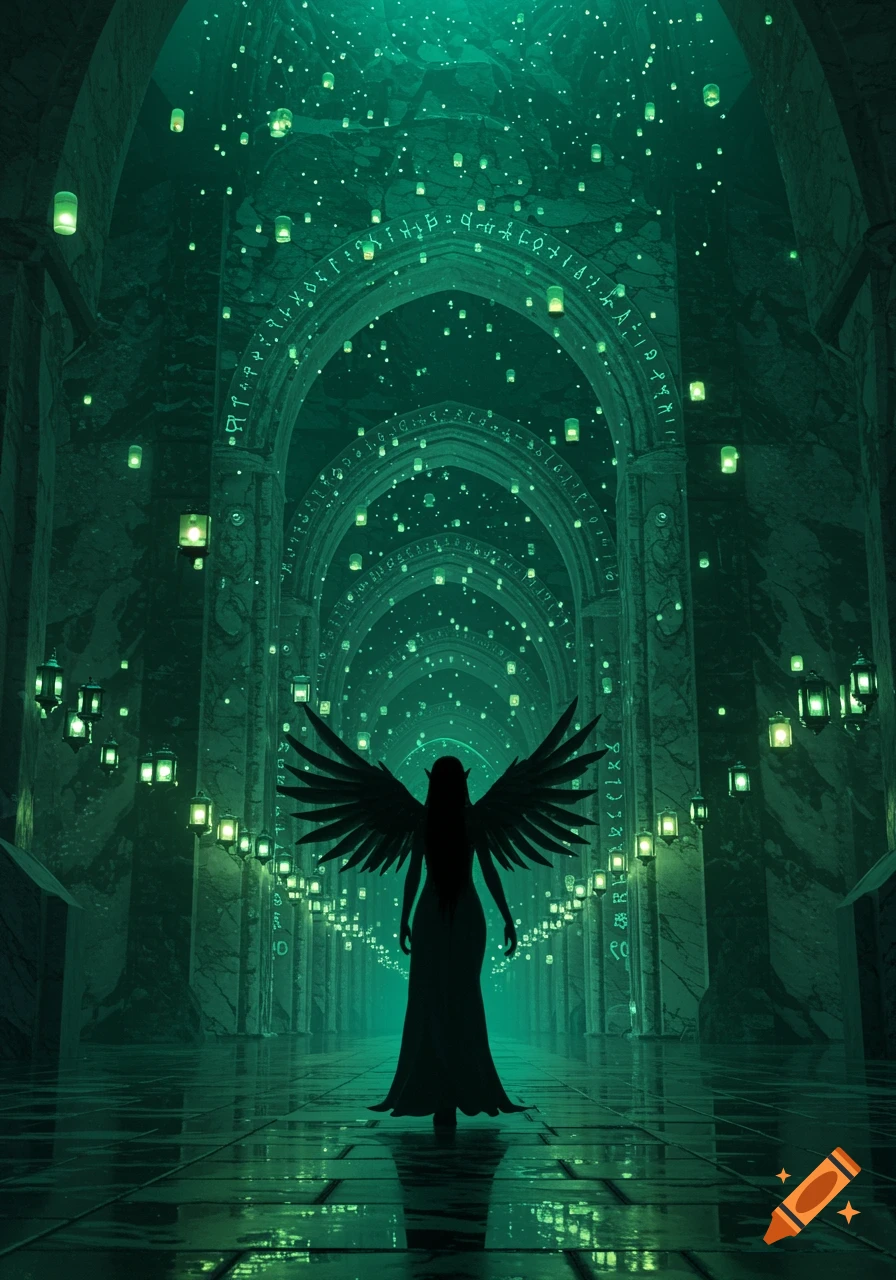 A silhouetted winged figure with pointy ears walks through a long, dark, green-lit stone hall with arches and glowing lanterns.