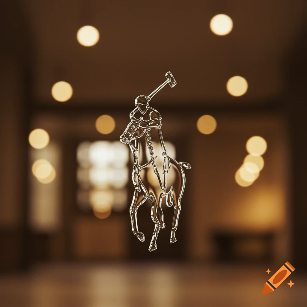 A shiny, transparent 3D rendering of the Polo Ralph Lauren polo player logo, with a blurred background of warm lights.