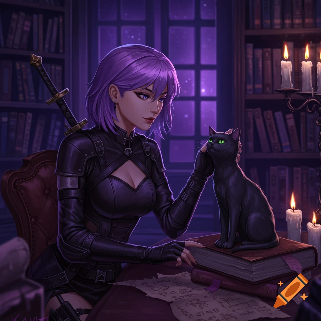 Purple-haired woman in a dark fantasy outfit petting a black cat in a candlelit library, anime style.