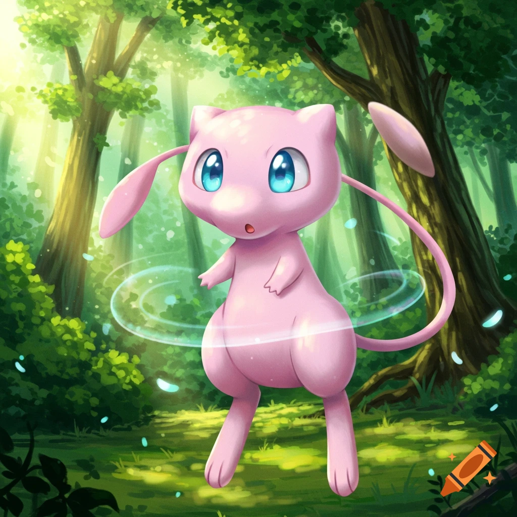 A pink cat-like Pok 00e9mon, Mew, with large blue eyes, stands in a brightly lit, stylized forest with glowing rings around it.
