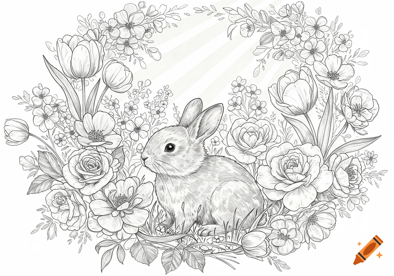 Black and white line art drawing of a bunny surrounded by a wreath of roses, tulips, and wildflowers with subtle sun rays.