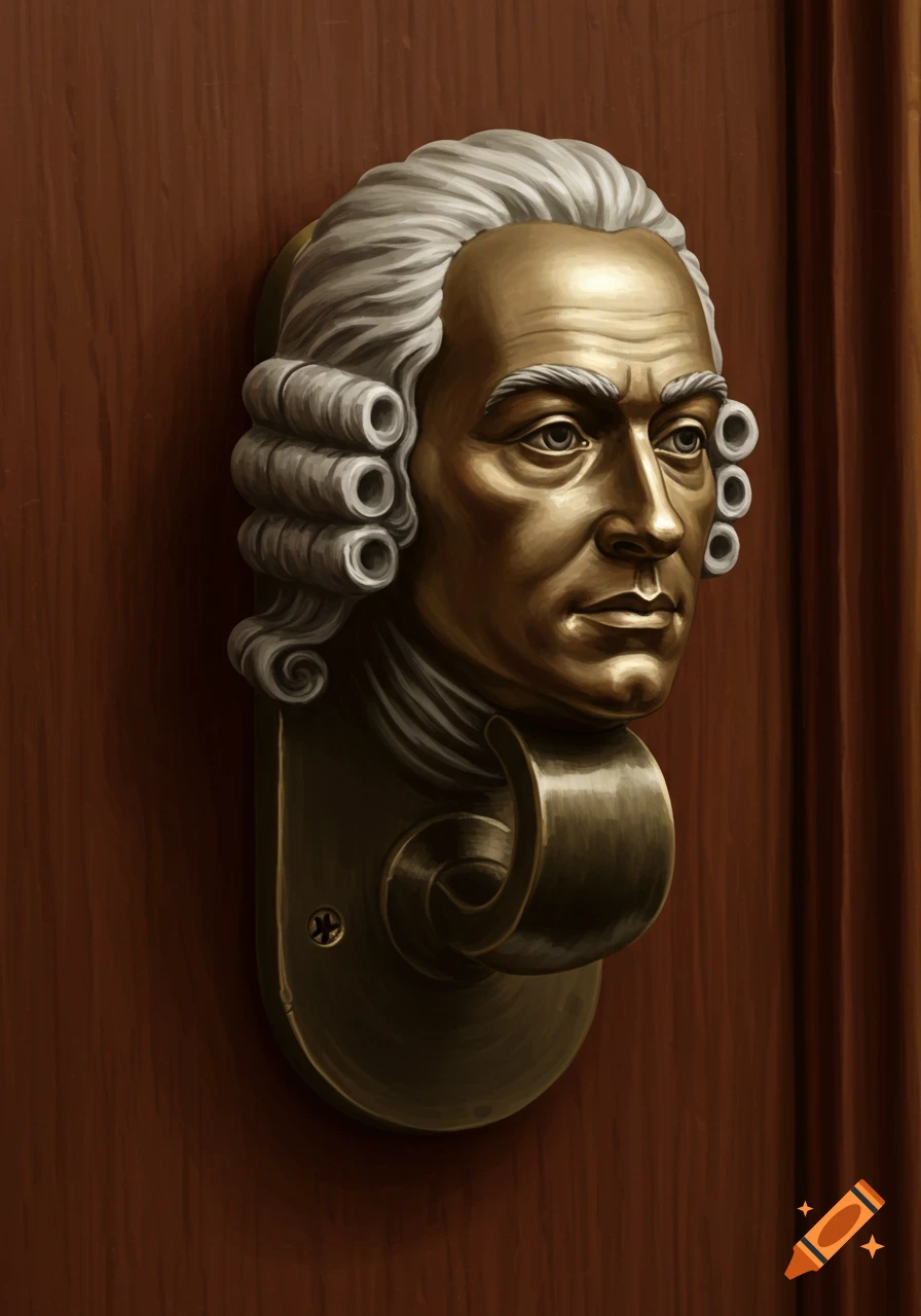 A bronze doorknob shaped like a man with a powdered wig, resembling a classical composer, mounted on a wooden door.