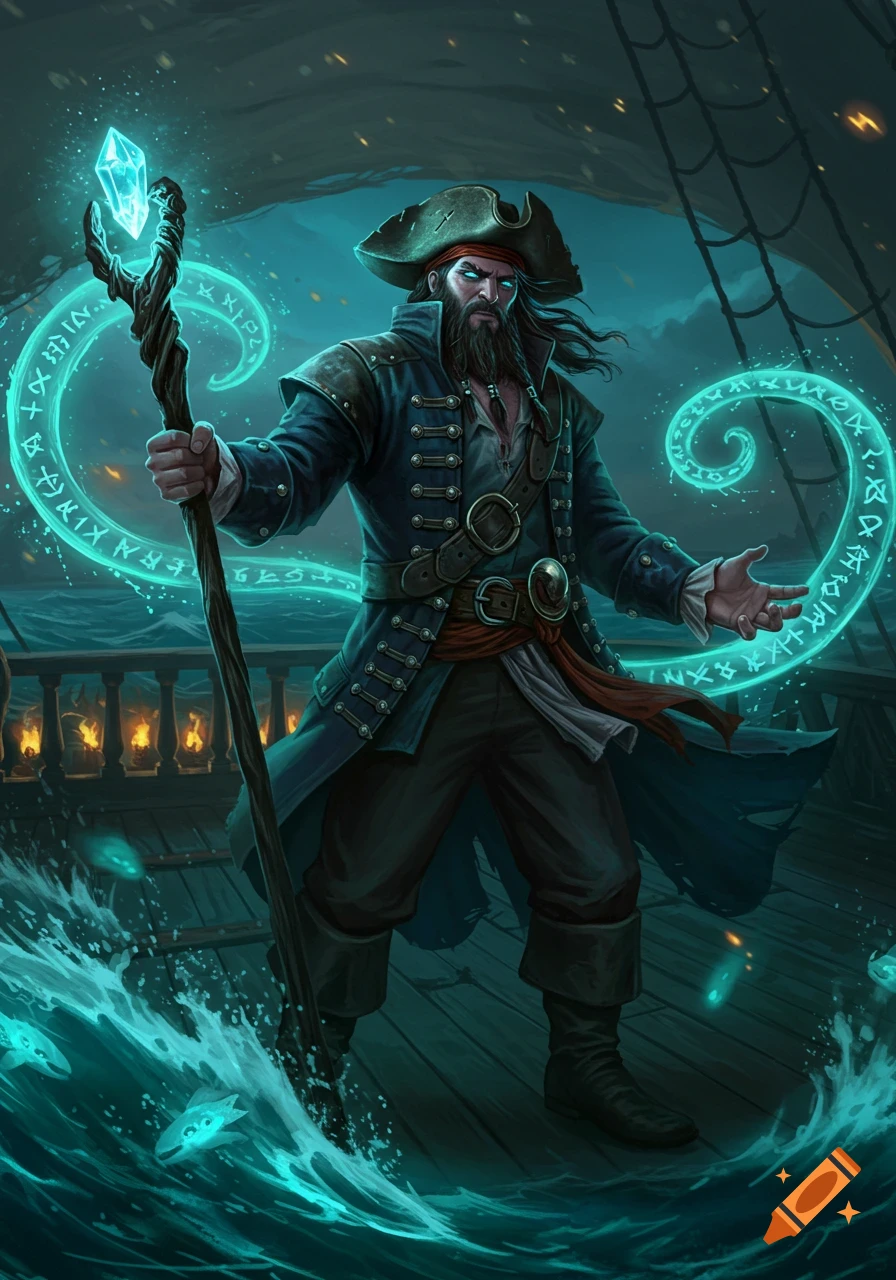 A bearded pirate wizard with glowing blue eyes holding a crystal staff, surrounded by magical runes, stands on a ship deck at night.