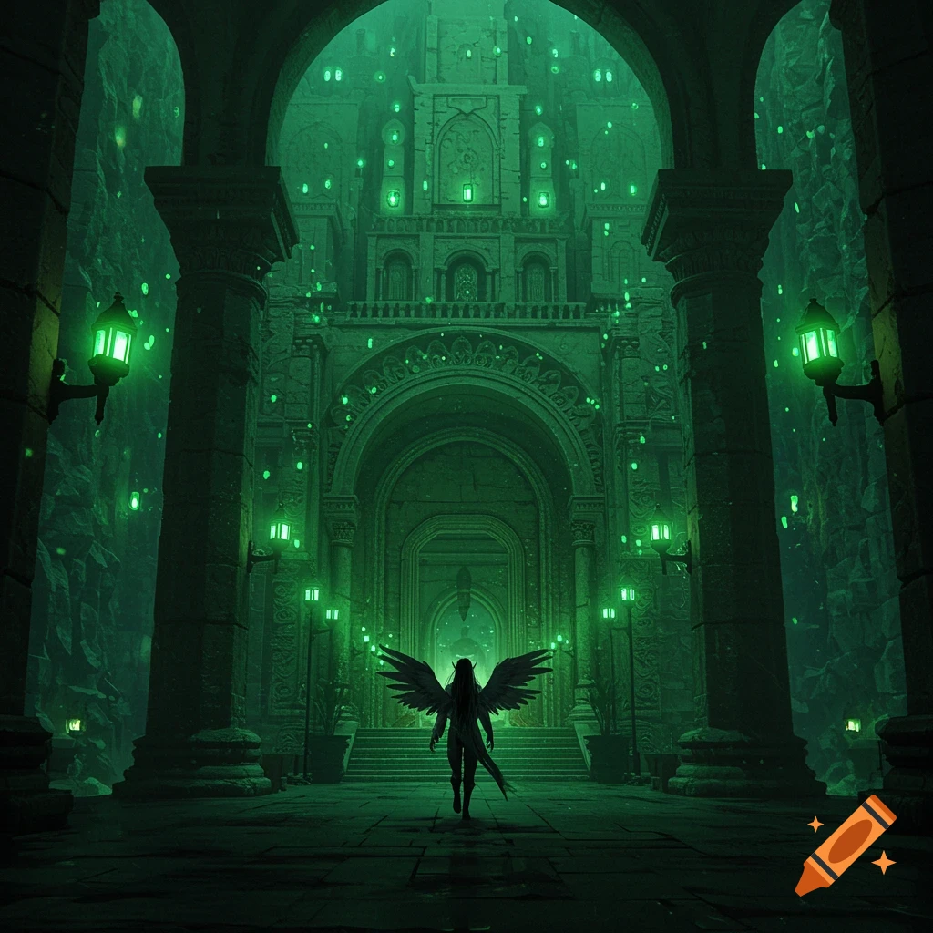 A dark, winged elf creature walks through a vast, green-lit stone palace with arches and glowing lanterns.