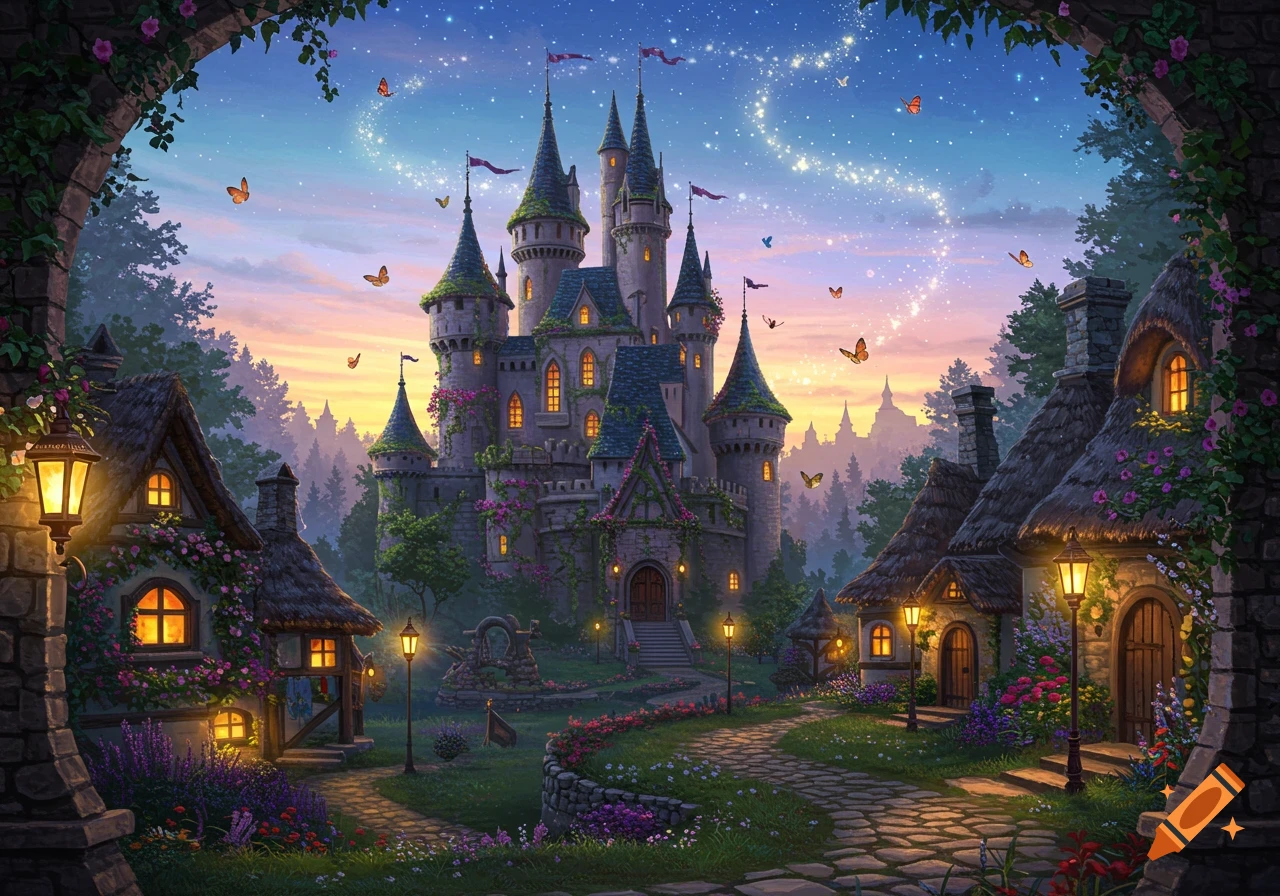 A magical castle and a quaint village with glowing windows and lanterns are nestled among flowers and butterflies at sunset.