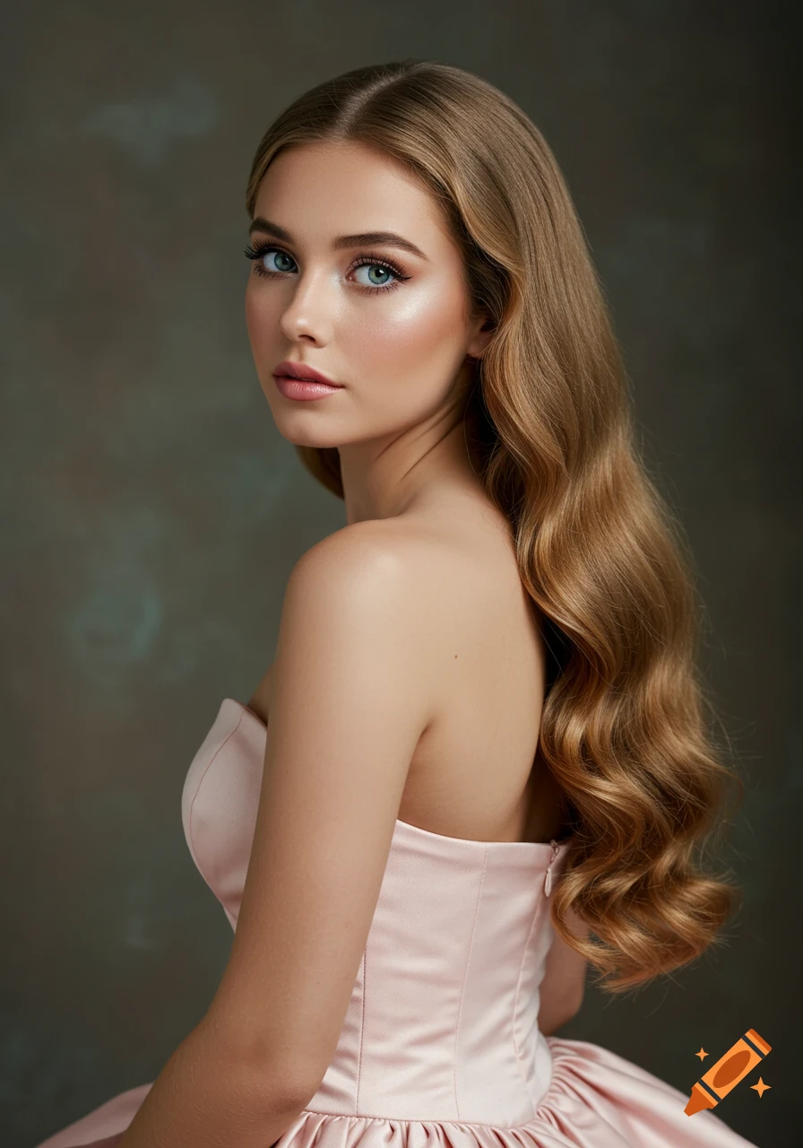 Photorealistic portrait of a young woman with green eyes and long wavy blonde hair, looking over her shoulder in a strapless blush pink dress.