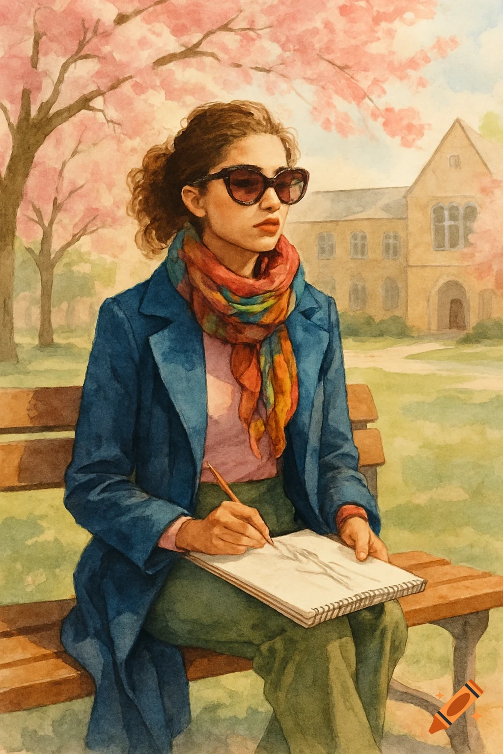 Watercolor painting of a stylish woman in sunglasses sketching on a park bench under blooming cherry trees.