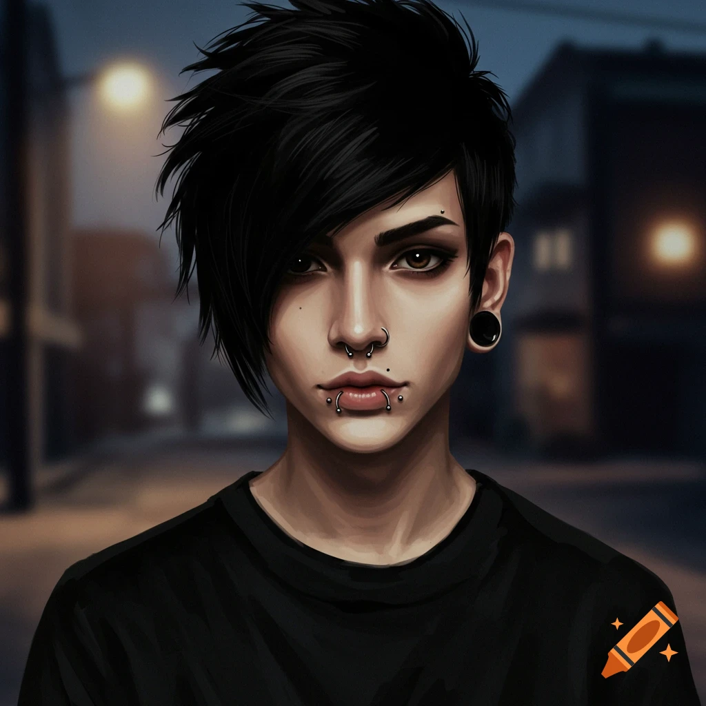Portrait of a person with short black emo-style hair, dark eyes, facial piercings, and stretched earlobes, wearing a black shirt, against a blurred night city background.