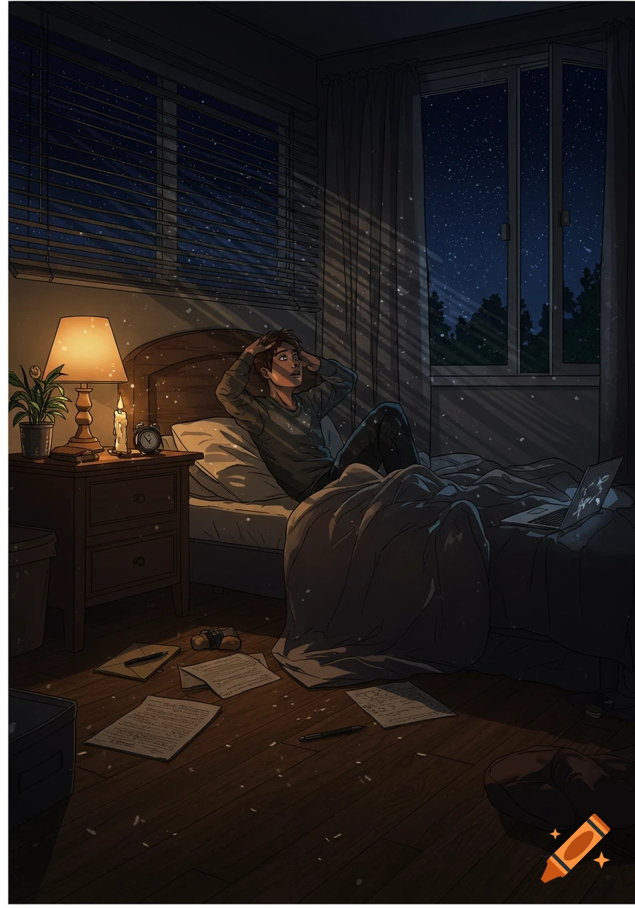 A person sits up in bed at night, looking distressed, with papers on the floor and light streaming through blinds. Digital illustration.
