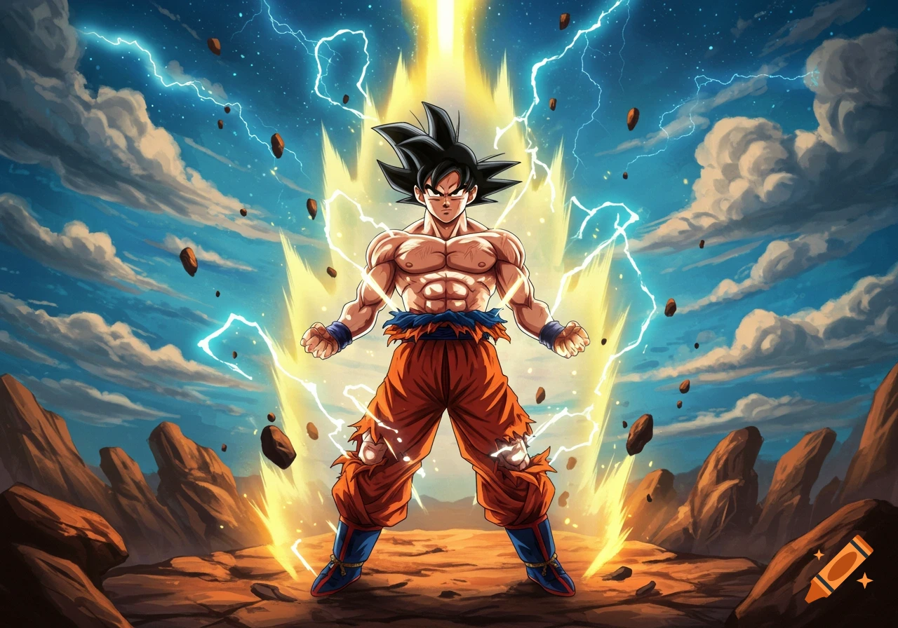Goku powering up with yellow energy and lightning, standing shirtless in a rocky landscape under a cloudy sky in anime style.
