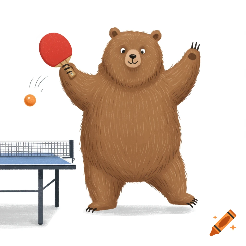 A happy cartoon bear plays ping pong with a red paddle and an orange ball on a blue table, isolated on white.