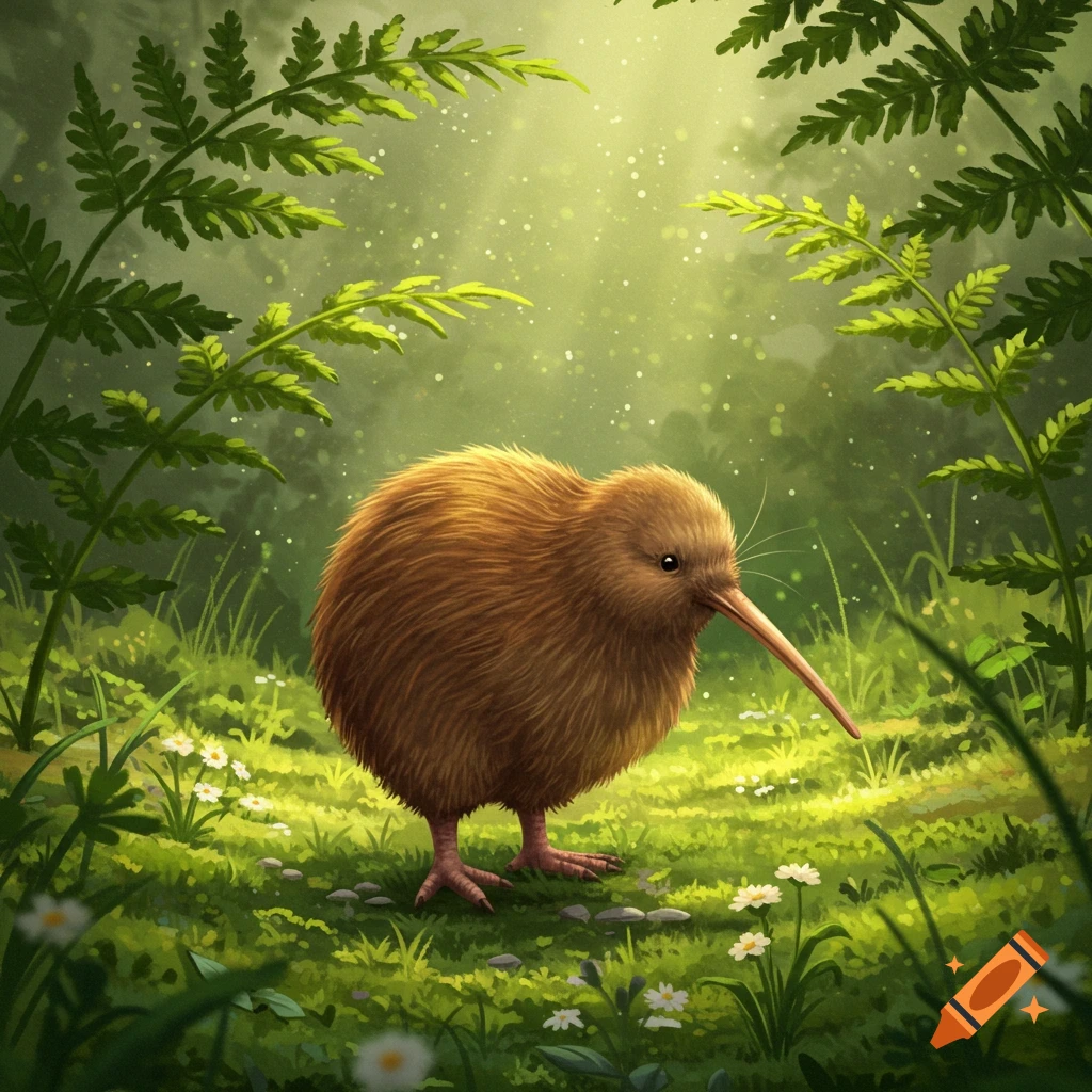 A cute brown kiwi bird stands in a lush green forest with sunlight filtering through leaves and small white flowers.