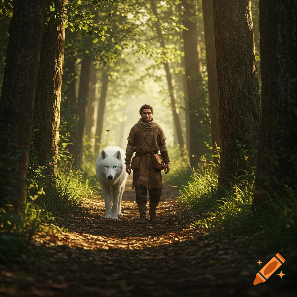 A man and a white wolf with blue eyes walk on a sun-dappled forest path. Photorealistic.