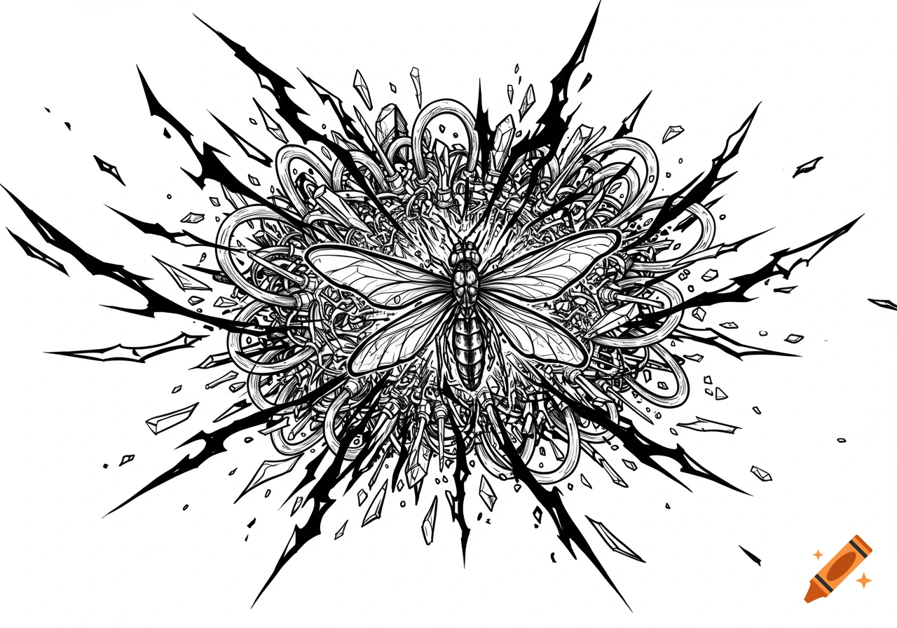 Black and white line art of a firefly in a chaotic mechanical core with wires and shattered glass, in an aggressive and gritty style.