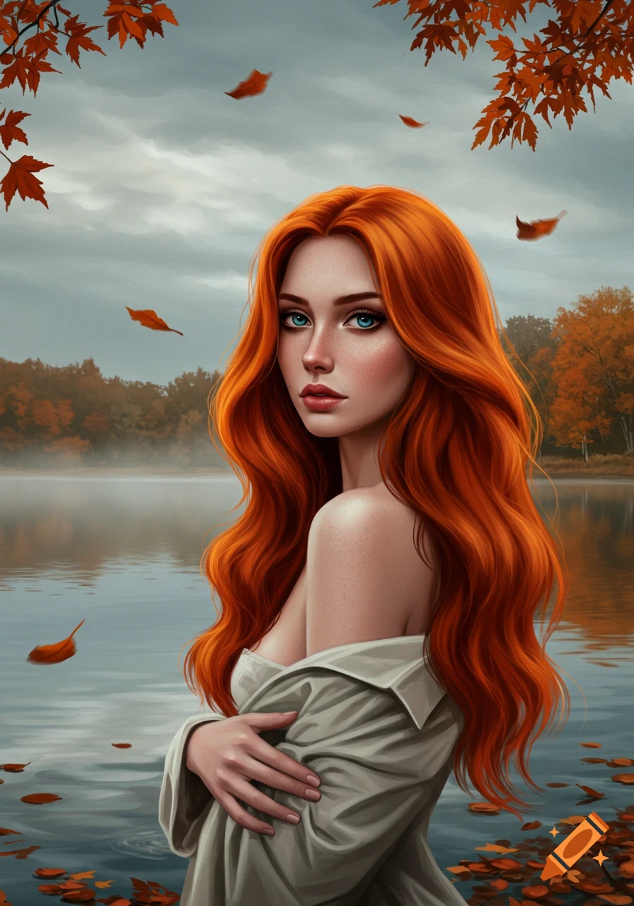 A red-haired woman with blue eyes, wearing a loose shirt, stands by a misty lake with autumn leaves falling around her.