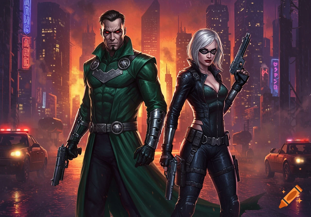 A man in a green coat and a woman in black leather stand with guns in a dark, neon-lit city at night, comic art style.