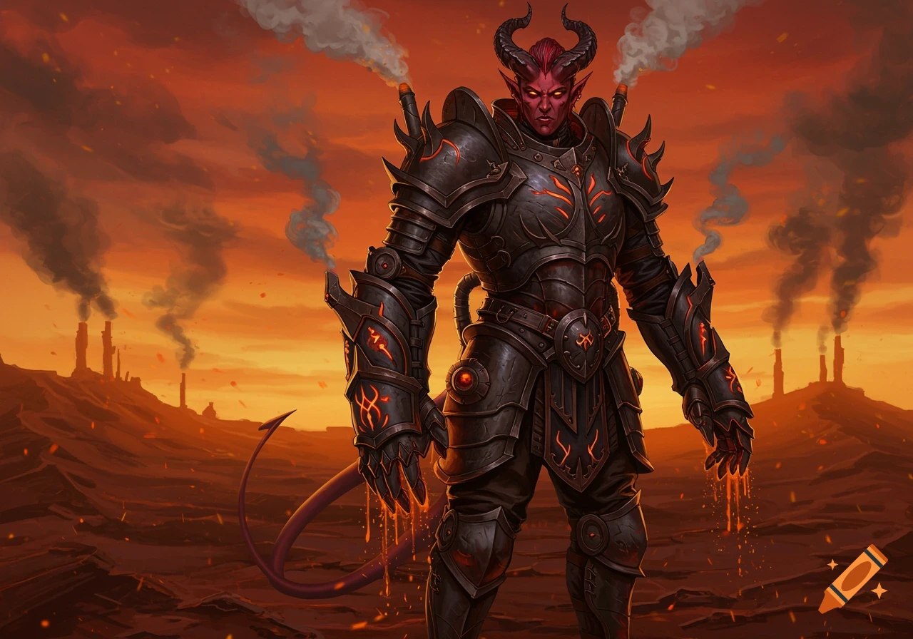 A red-skinned Tiefling in dark, ornate infernal-themed steam-powered armor stands in a desolate, orange-red wasteland with smoking industrial structures under a fiery sky.