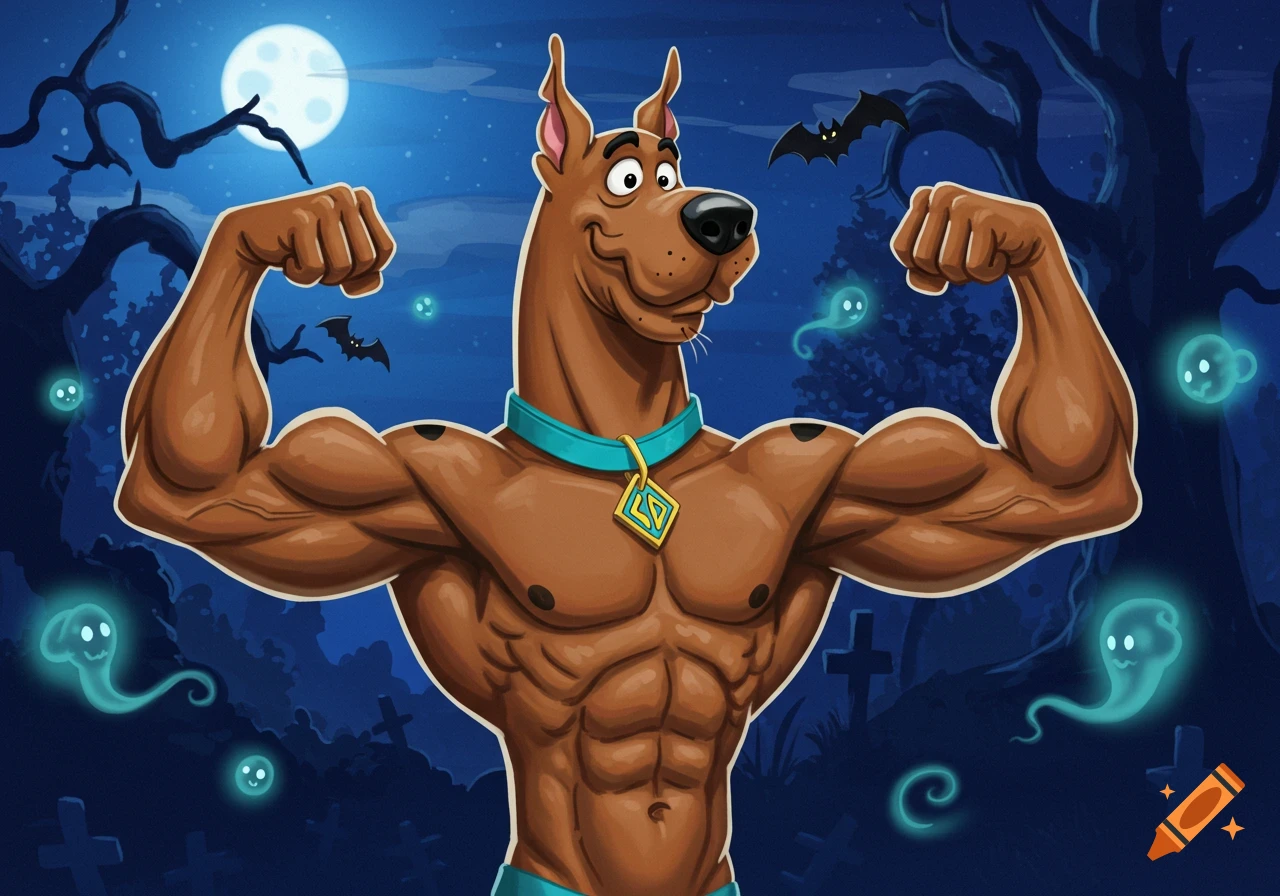 Scooby Doo flexing his large biceps in a spooky graveyard at night with ghosts and bats.