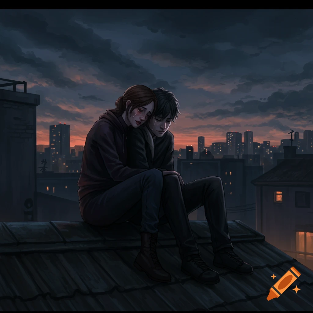 Illustrated scene of two people hugging on a rooftop at dusk, with a city skyline in the background.