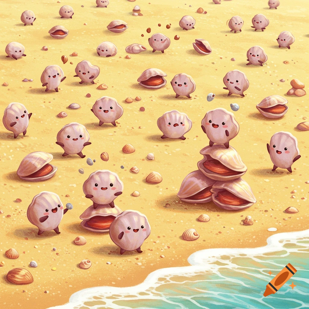 A cartoon illustration of many cute, smiling clams with tiny legs walking and playing on a sandy beach with ocean waves.