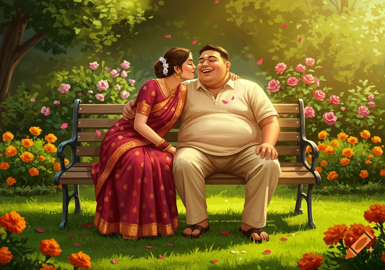 An Indian woman in a red saree kisses a man on a park bench in a vibrant garden with flowers.