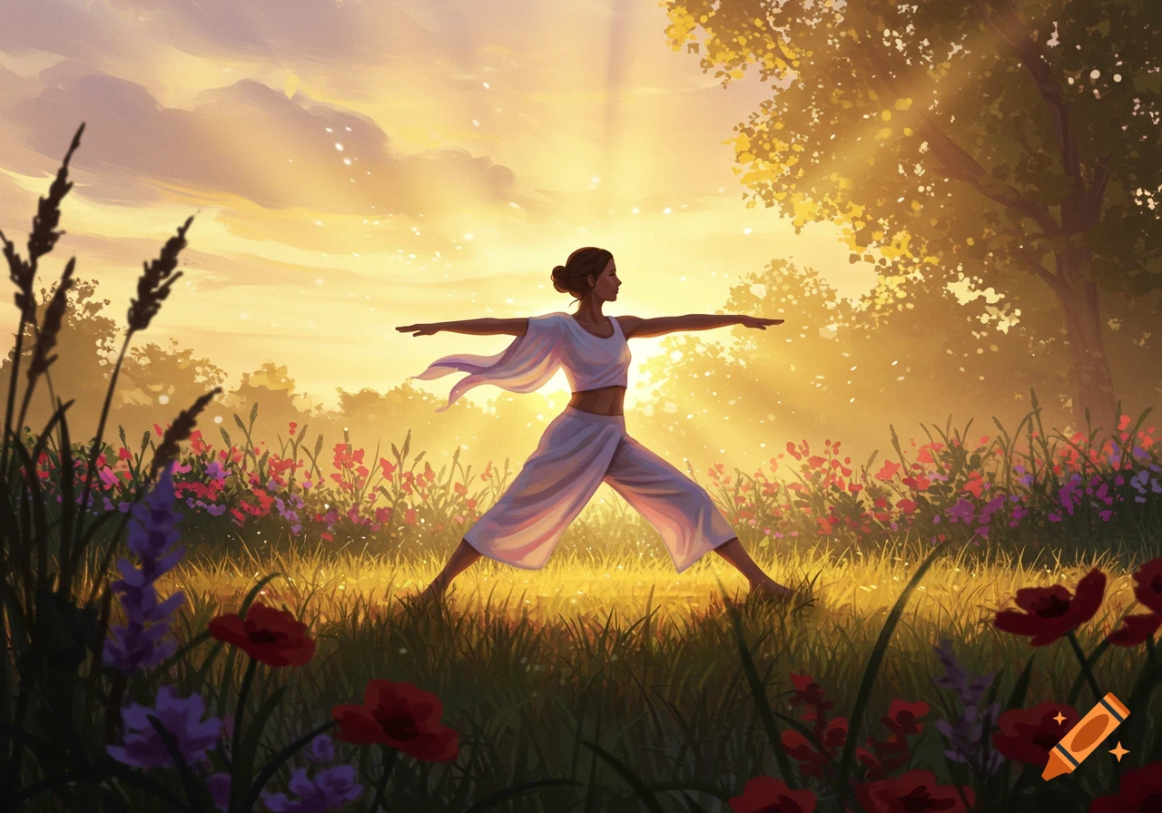 An illustrated woman in a white outfit doing a yoga pose in a vibrant wildflower field at sunrise.