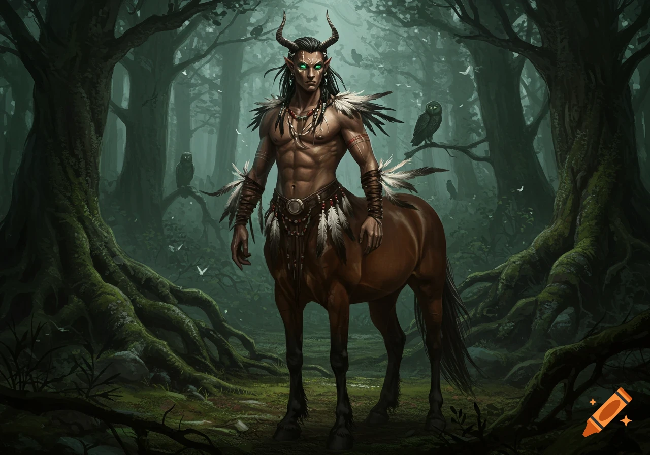 A dark fantasy centaur with horns and tribal garb stands in a mystical, shadowy forest with owls.