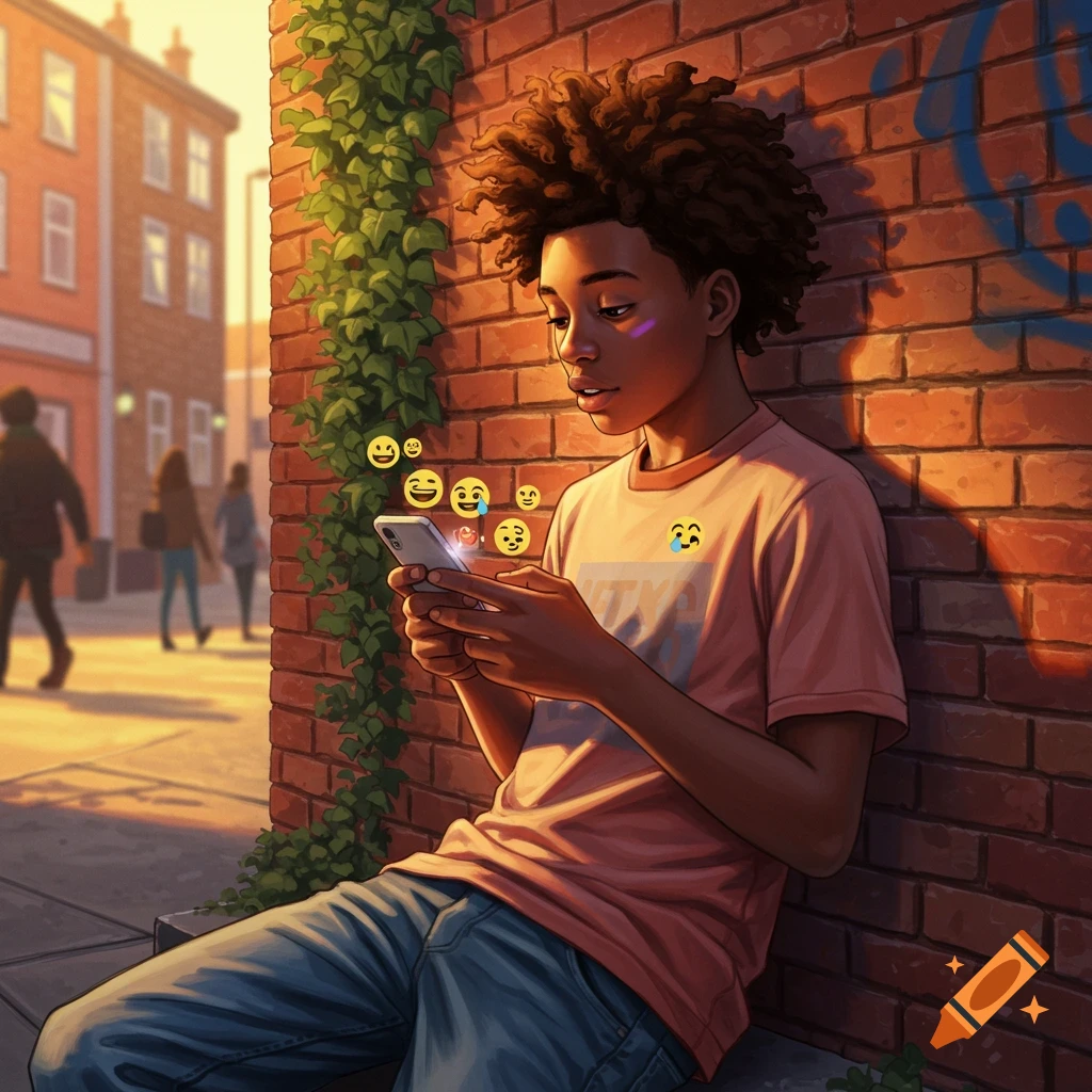 An illustrated young Black boy looking at his phone, surrounded by emojis, leaning against a brick wall on a city street at sunset.