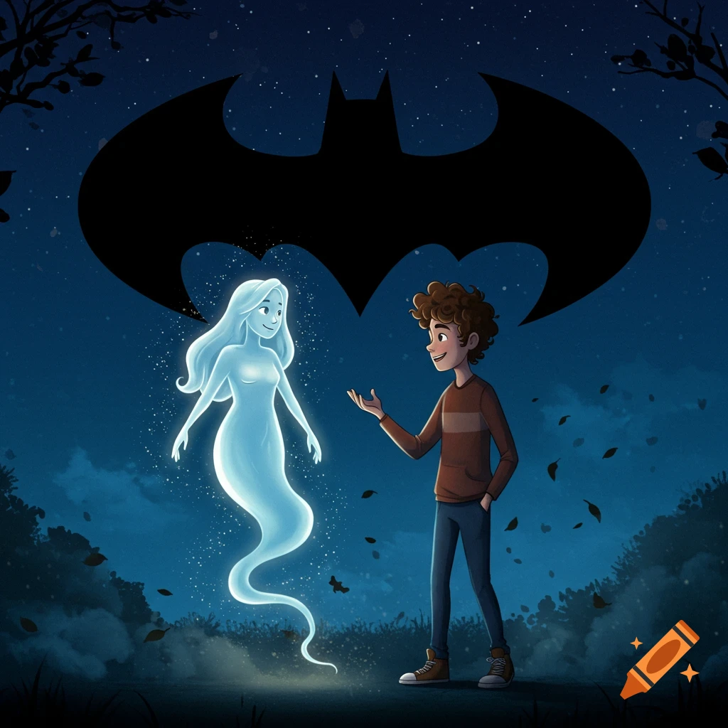 Cartoon illustration of a boy talking to a glowing ghost girl at night, under a large black Batman signal.