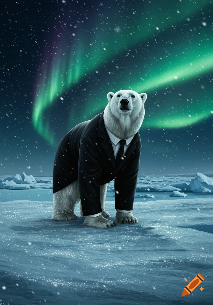 A photorealistic polar bear in a black business suit stands on an icy plain under the green northern lights, with snow falling.