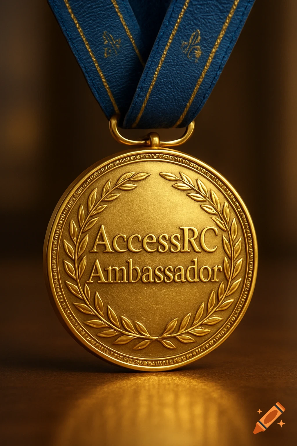 A gold medal with AccessRC Ambassador inscribed on it, hanging from a blue ribbon.