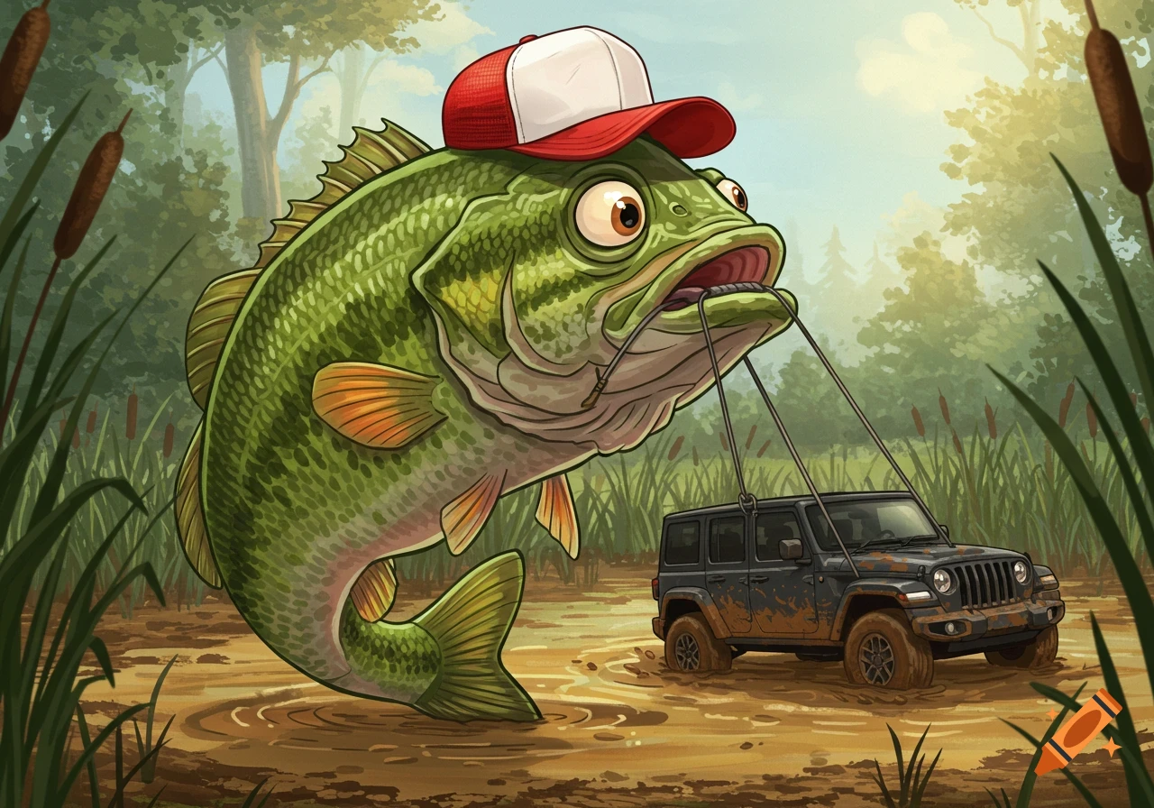 A cartoon largemouth bass wearing a trucker hat pulls a black Jeep Wrangler out of a muddy bog with a winch cable.