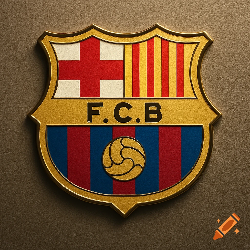 The gold, red, blue, and white embossed FC Barcelona football club crest with 'F.C.B.' text.