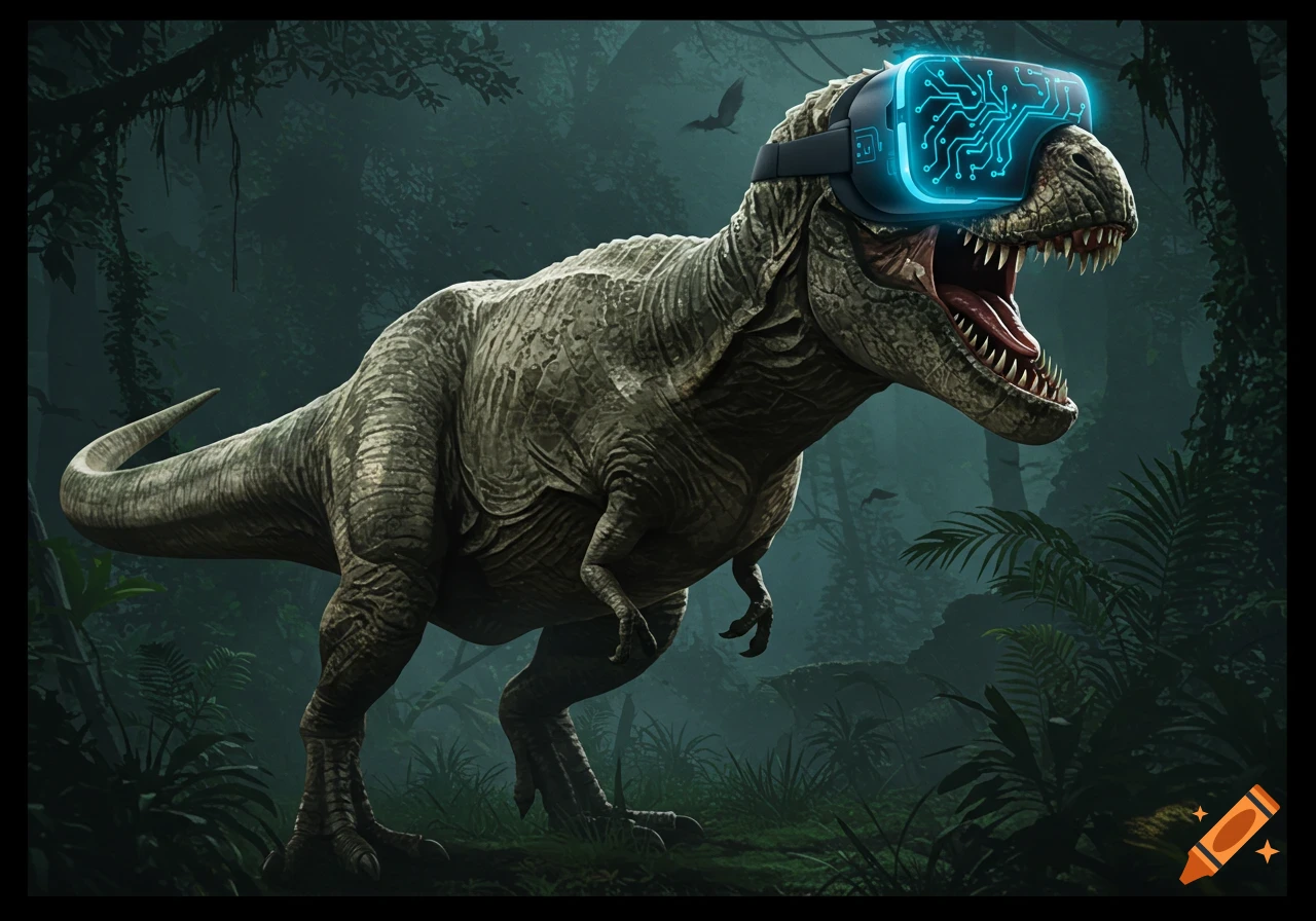 A realistic T-rex wearing a glowing blue virtual reality headset in a dark, lush jungle.