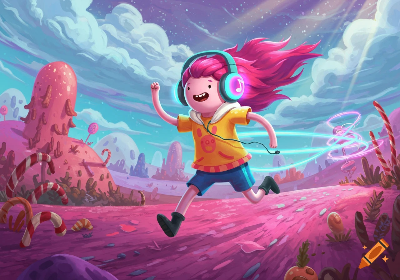 A pink-haired cartoon character with headphones runs through a vibrant, candy-themed landscape.
