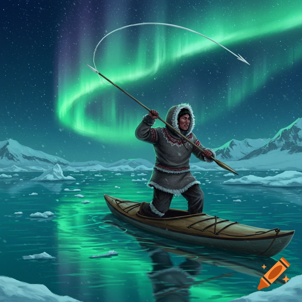 Illustration of an Inuit man throwing a harpoon from a kayak under vibrant aurora borealis.