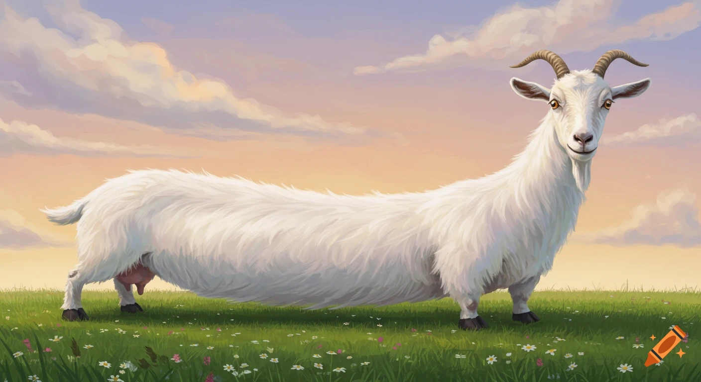 A ridiculously long white goat stands in a grassy field with small white flowers under a colorful sunset sky.