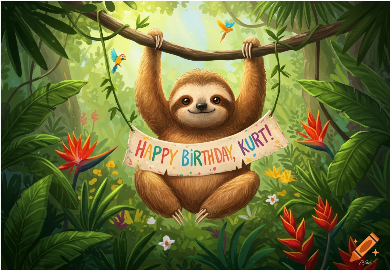 A smiling cartoon sloth hangs from a vine in a vibrant jungle, holding a "Happy Birthday, Kurt!" banner with colorful letters. Birds and flowers surround it.