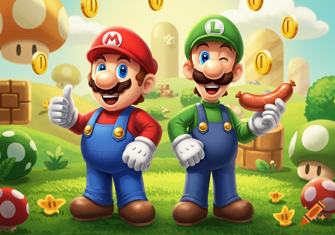 Mario and Luigi smiling in a vibrant Super Mario Bros. themed landscape with floating coins and mushrooms. Mario gives a thumbs up, and Luigi holds a sausage.