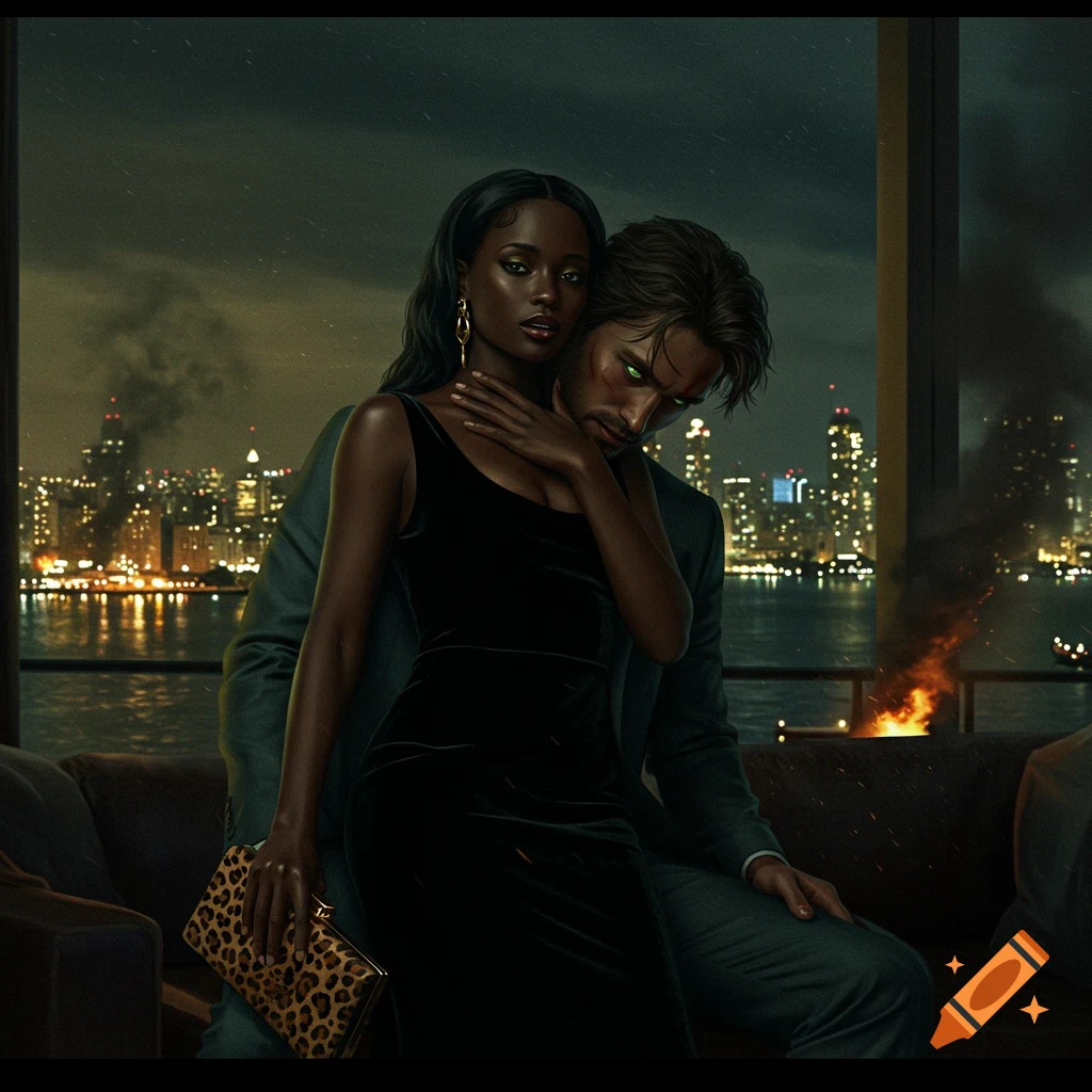 A Black woman in a black velvet dress is embraced by a man with glowing green eyes in a penthouse overlooking a city skyline at night with distant fires.
