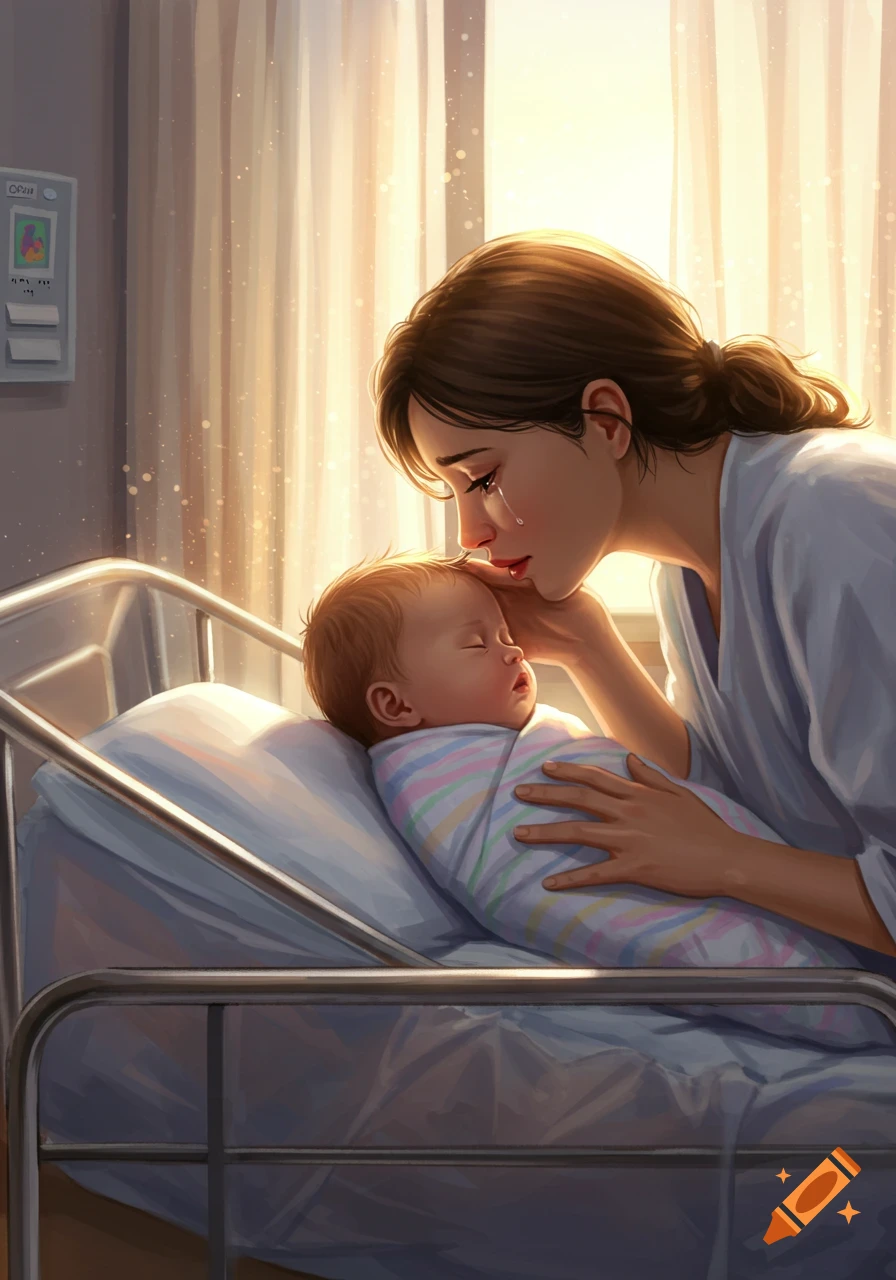 A mother tearfully embraces her newborn baby in a hospital bassinette, bathed in warm, soft light. Digital illustration.