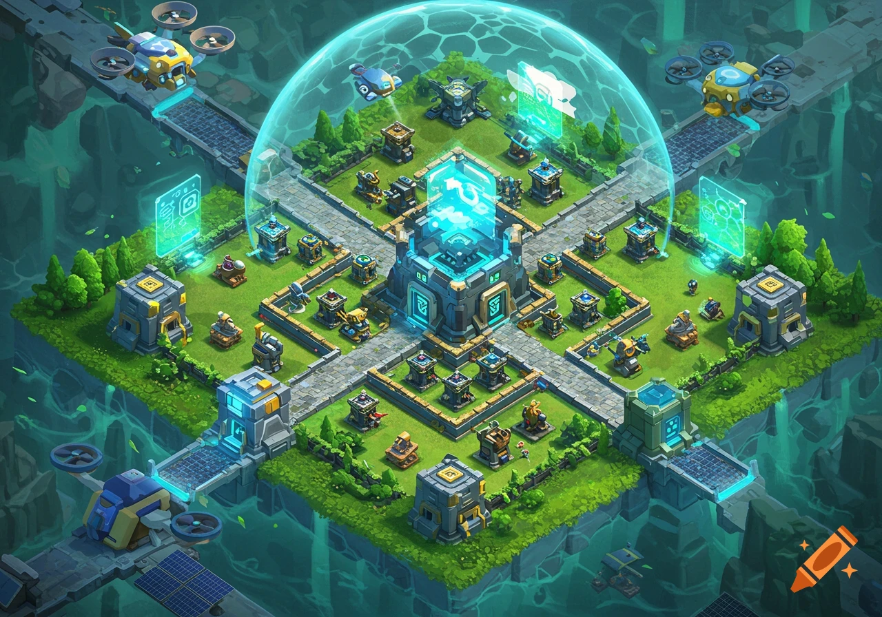 An isometric view of a futuristic strategy game base, similar to Clash of Clans, with glowing blue structures, drones, and fortifications on a floating island.