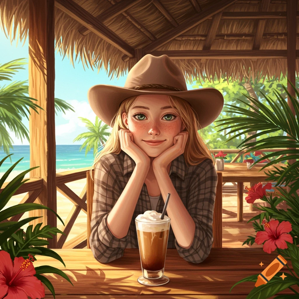 Illustrated young woman with a cowboy hat and flannel shirt smiling at a tropical cafe table with a frozen coffee, beach view.