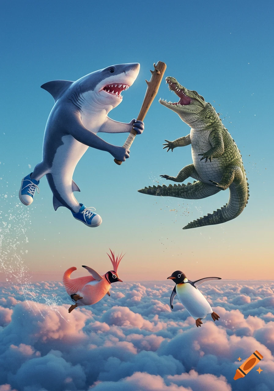 A cartoon shark in blue sneakers holding a bat battles a crocodile in a sky full of clouds, with two small birds flying below.