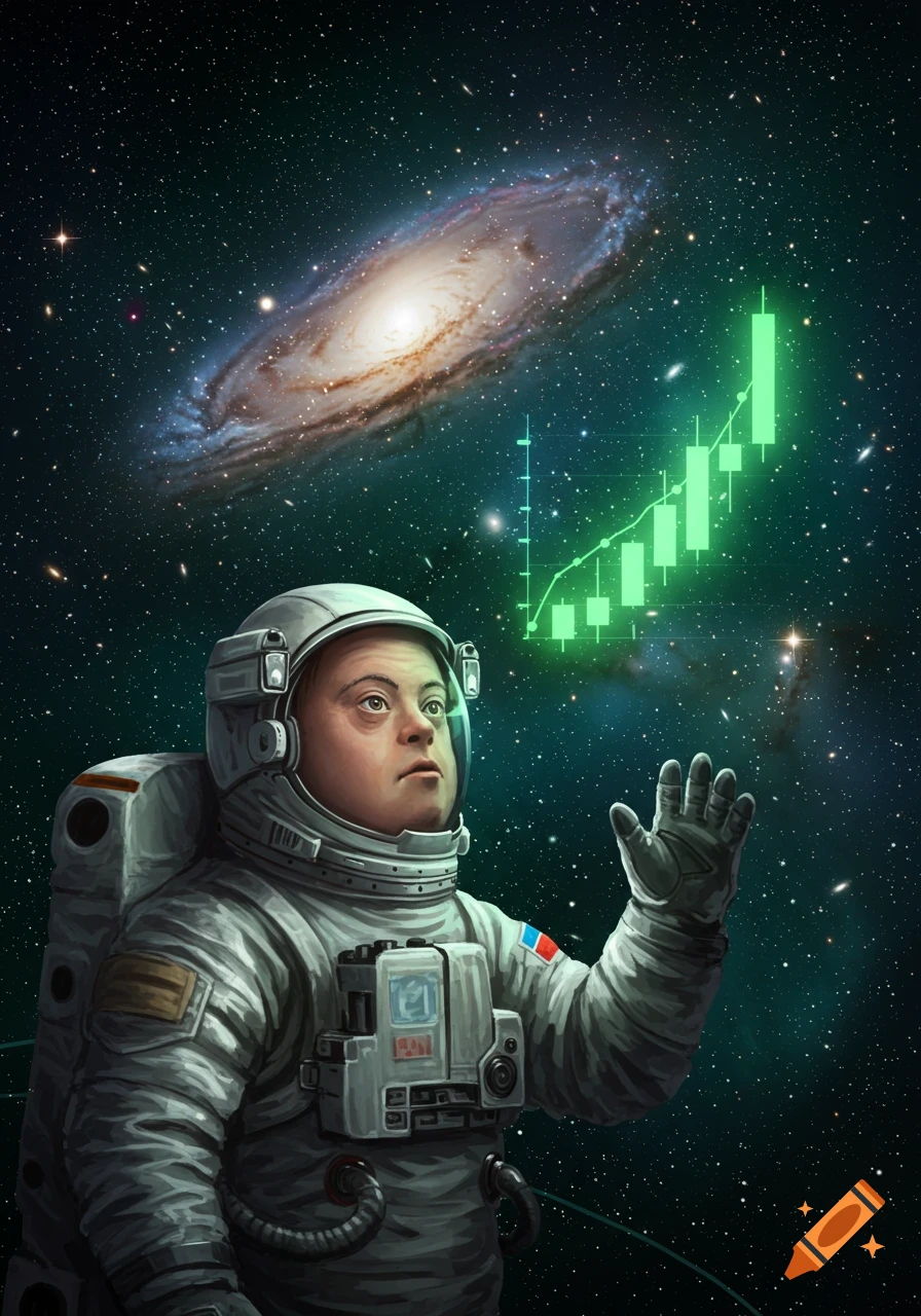 A man in an astronaut suit with a visible syndrome disability floats in space, looking up at a green stock market chart and a galaxy.