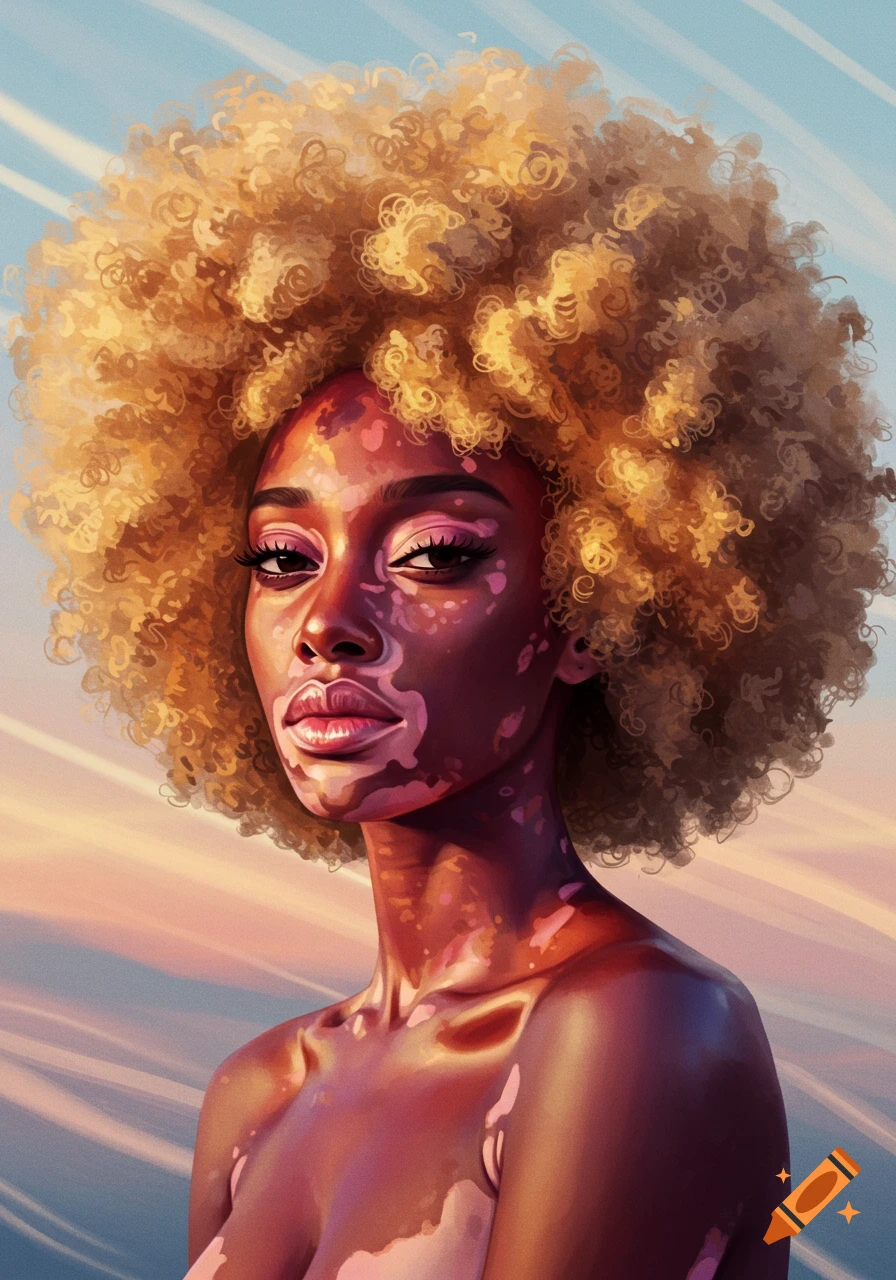 Illustrative portrait of a Black woman with vitiligo and a large blonde afro, against a soft, colorful sky.