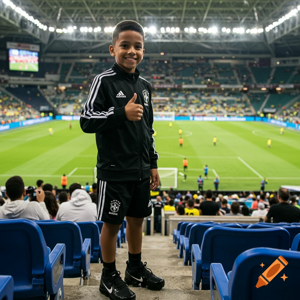 A smiling Brazilian boy in a black Adidas tracksuit gives a thumbs up at a soccer stadium.