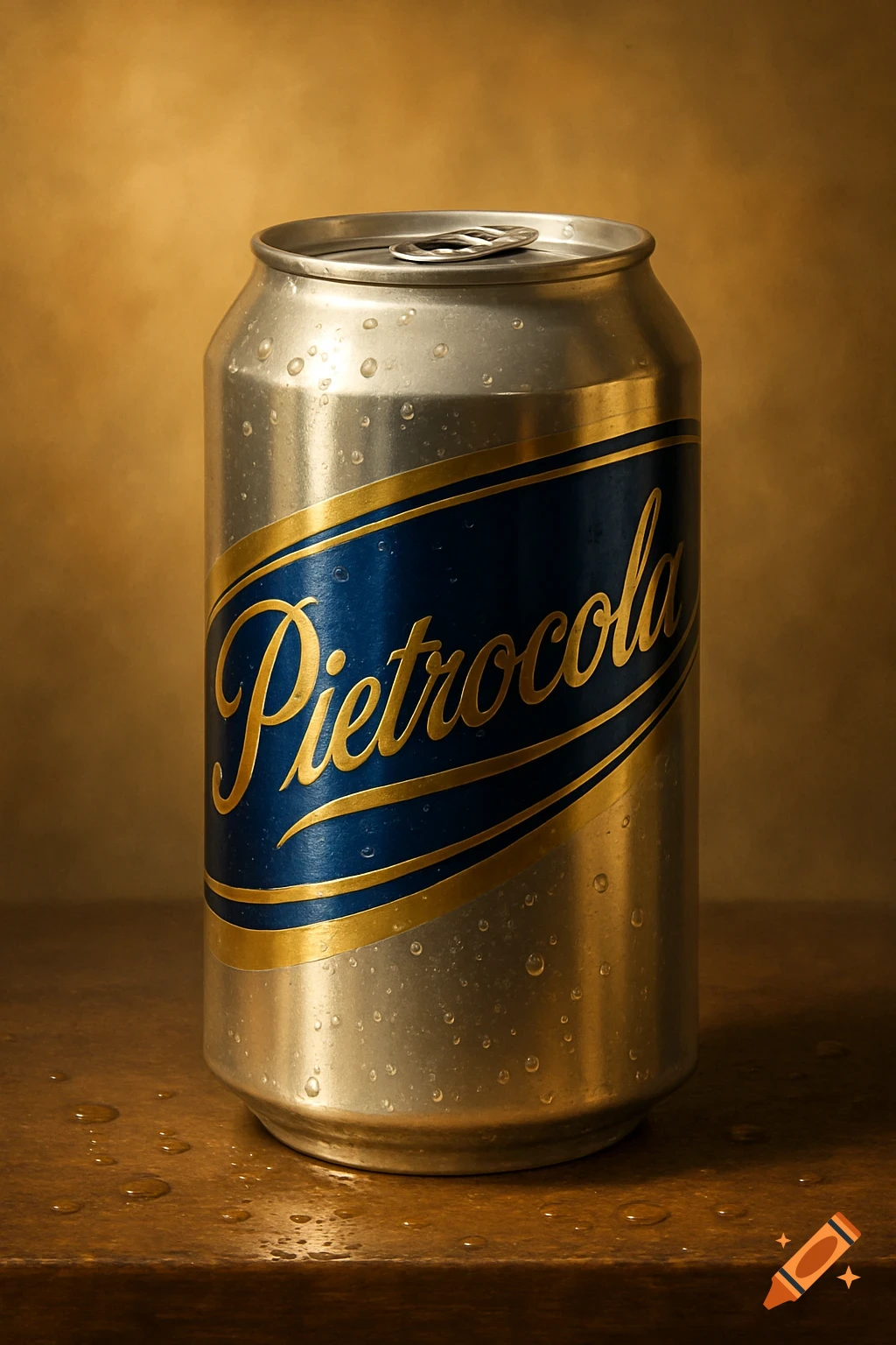 A photorealistic close-up of a silver soda can with condensation, featuring a blue and gold label with the word "Pietrocola" in script.